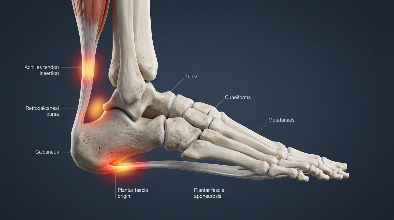 Medicinsk 3D-anatomi över fot och häl med smärtzoner vid calcaneus, plantarfascian och hälsenan